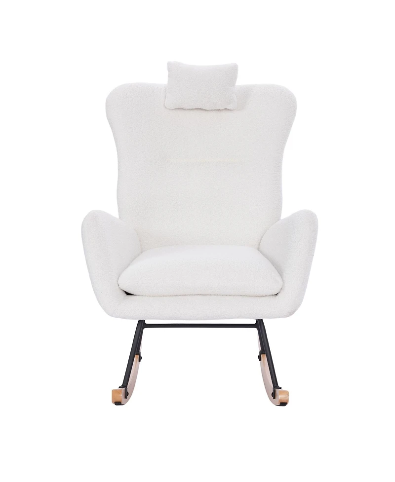 Flynama White Teddy Upholstered Nursery Rocking Chair Ergonomic Design for Living Room Bedroom