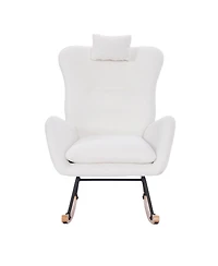 Flynama White Teddy Upholstered Nursery Rocking Chair Ergonomic Design for Living Room Bedroom