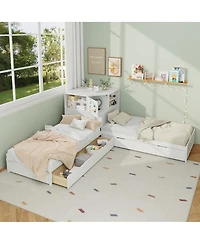 Streamdale Furniture L-Shaped Twin Bed Frame w/ Trundle, Drawer, Desk & Led