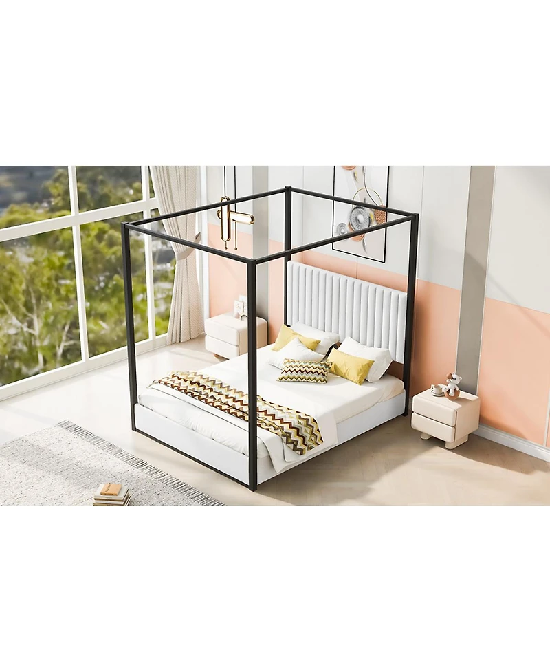 Streamdale Furniture Queen Size Upholstery Canopy Platform Bed with Headboard and Metal Frame