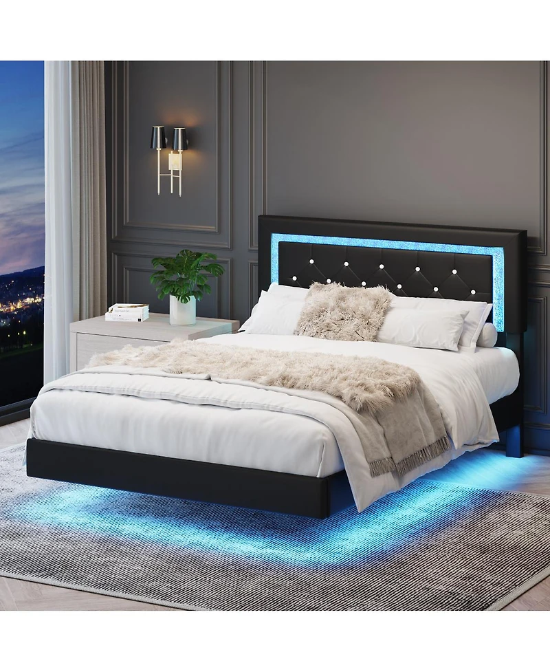 Streamdale Furniture Bed Frame with Headboard, Led Lights, Upholstered Platform Bed
