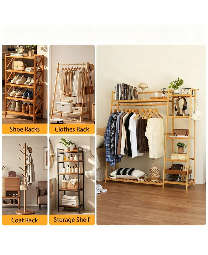 Yigii Bamboo Garment Rack with Hanging Rod and Hooks for Organized Storage