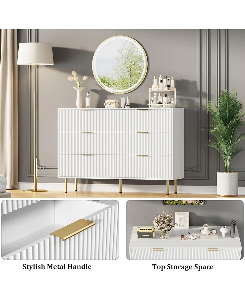 gaomon 6 Drawer Dresser for Bedroom Chest of Drawers, 47" Wide Fluted Dresser with Drawers, Modern Wooden Double Dressers with Metal Handles