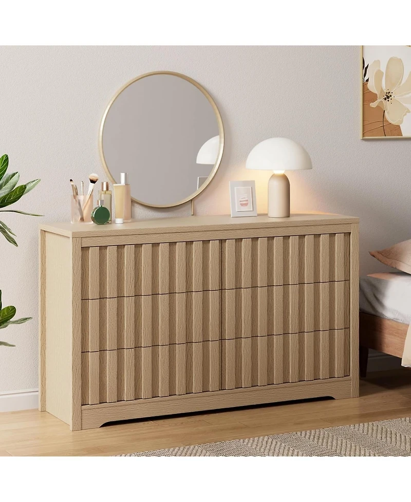 Gaomon Fluted Dresser for Bedroom with 6 Drawers,Modern Chest of Drawers with Handleless,Wooden Dresser Tv Stand, Wood Clothes Closet Organize