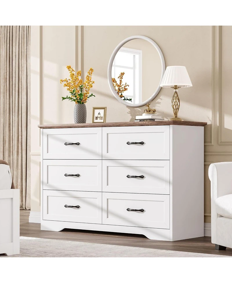 Gaomon 6-Drawer Dresser, Farmhouse Wooden Storage Chest with Wide Handles for Bedroom, Living Room