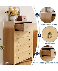 Gaomon 5 Drawer Tall Dresser, Oak Finish Storage Chest with Gold Ring Pulls