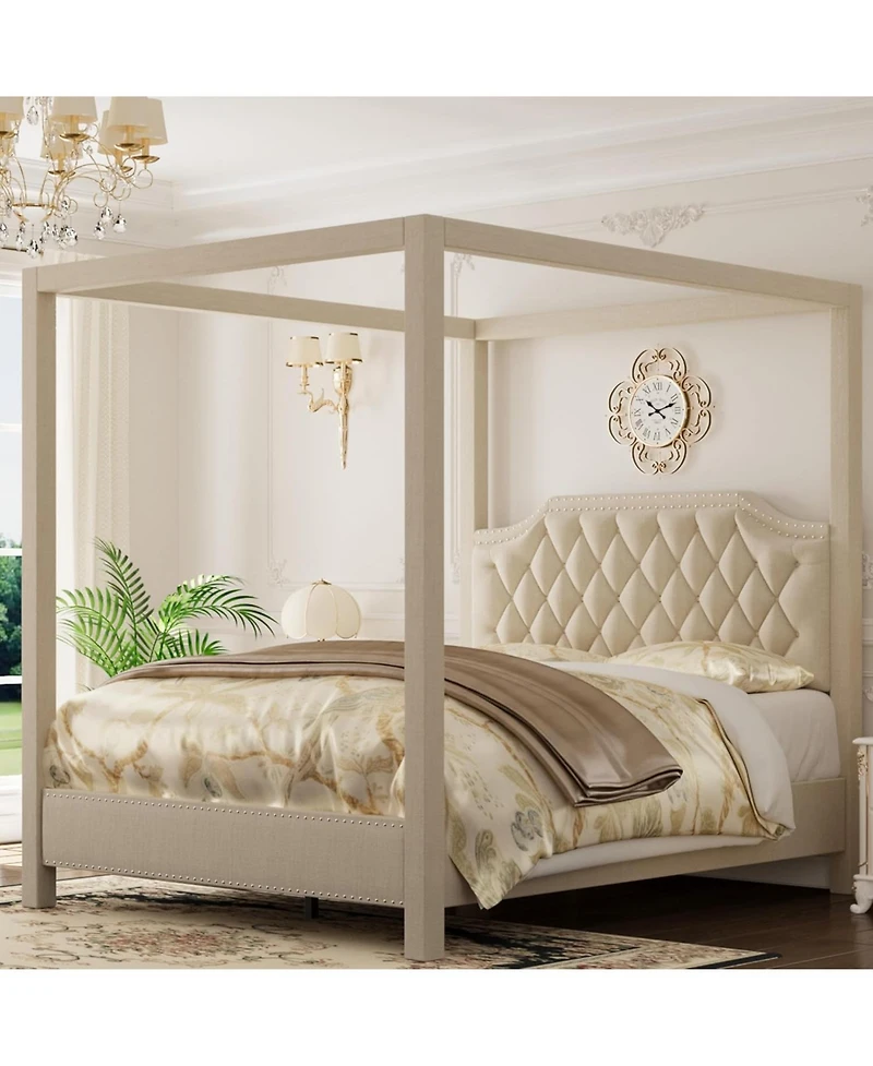 gaomon Queen Upholstered Canopy Bed Frame with Button Tufted Headboard and Nailhead Trim Design, Sturdy Platform Bed, No Box Spring Required