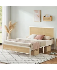 Gaomon Queen Size Rattan Bed Frame with headboard, modern boho cane design, sturdy steel slat support