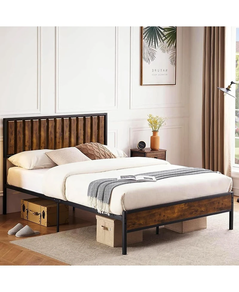 gaomon Bed Frame with Headboard Footboard Rustic Wood Bedframe Farmhouse Platform Bed Frame with Metal Slat Wrought Rod, Brown