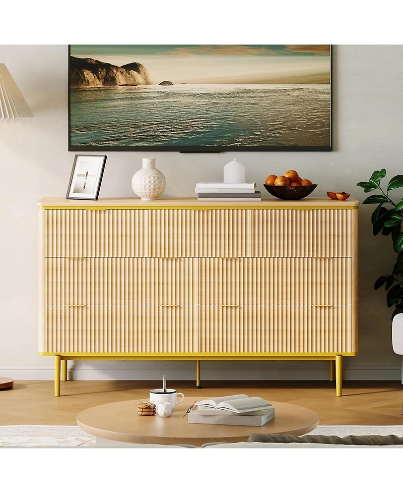 gaomon Drawers Dresser for Bedroom, Wide Fluted Chest of Drawers Dresser Wood Storage Cabinet Curved Design Tv Stand with Metal Handles