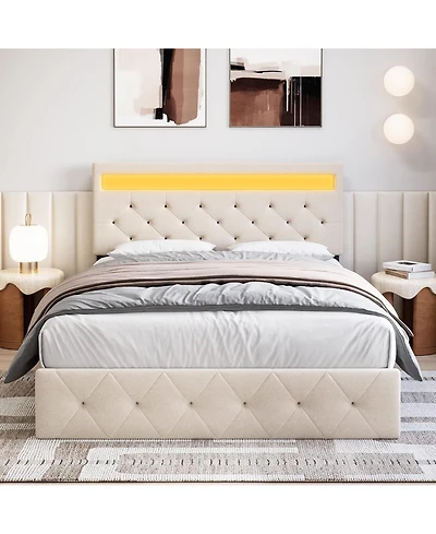 gaomon Bed Frame, Led Frame with Fast-Charging Usb Port, Upholstered Platform Adjustable Headboard, Strong Support Slats
