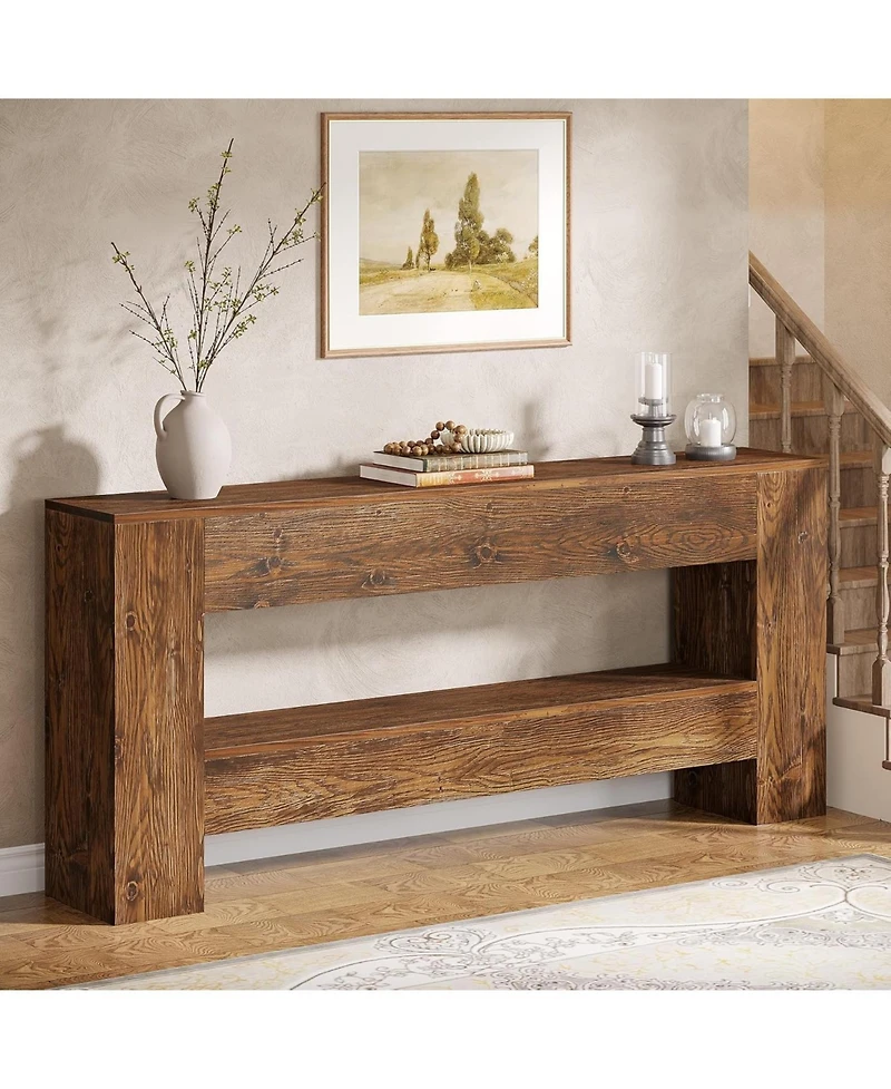 Tribesigns 63-Inch Solid Wood Console Table, Farmhouse Entryway Table with 2-Tier Storage Shelf, Rustic Wood Narrow Long Sofa Table Behind Couch