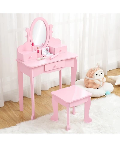 gaomon Kids Vanity Set with Adjustable Mirror & Stool,Wooden Toddler Drawers,Pretend Makeup Dressing Table for Little Girls