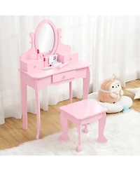 gaomon Kids Vanity Set with Adjustable Mirror & Stool,Wooden Toddler Drawers,Pretend Makeup Dressing Table for Little Girls