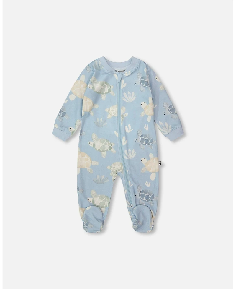 Deux par Baby Boys Cotton Jersey One-Piece Pyjama Blue Turtle Print.