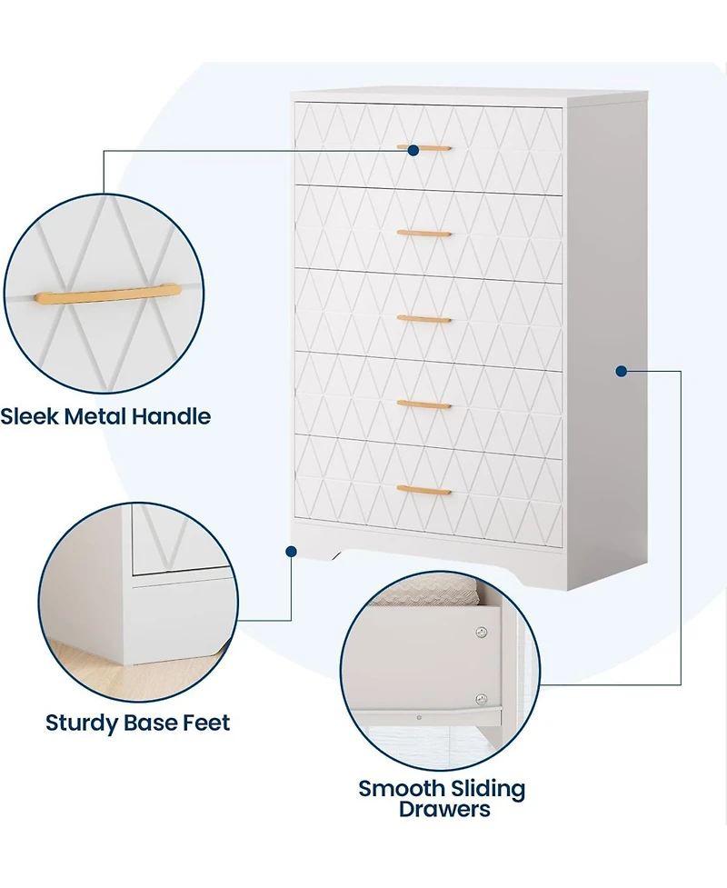 gaomon Tall Dresser for Bedroom with 5 Drawers, Wood Chest of Drawers Gold Handles, Modern Nightstand Bedside Closet, Wooden Storage Cabinet
