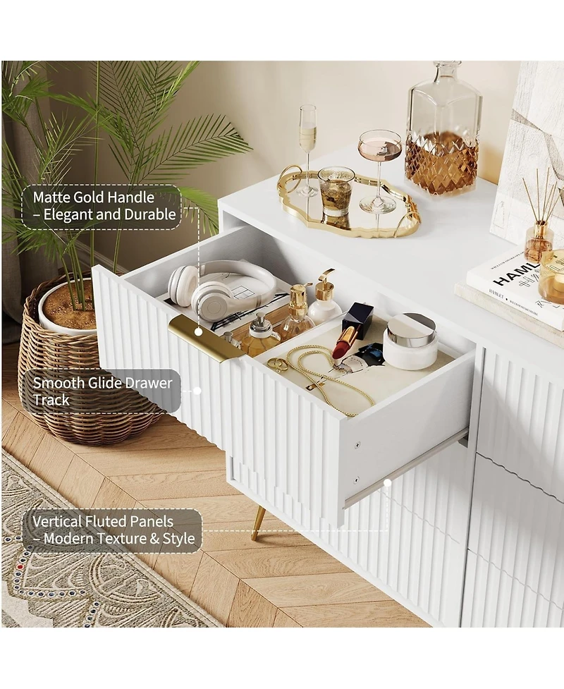 gaomon Fluted Dresser for Bedroom with 6 Drawers, Modern Chest of Wooden Bedroom Chest with Metal Handle