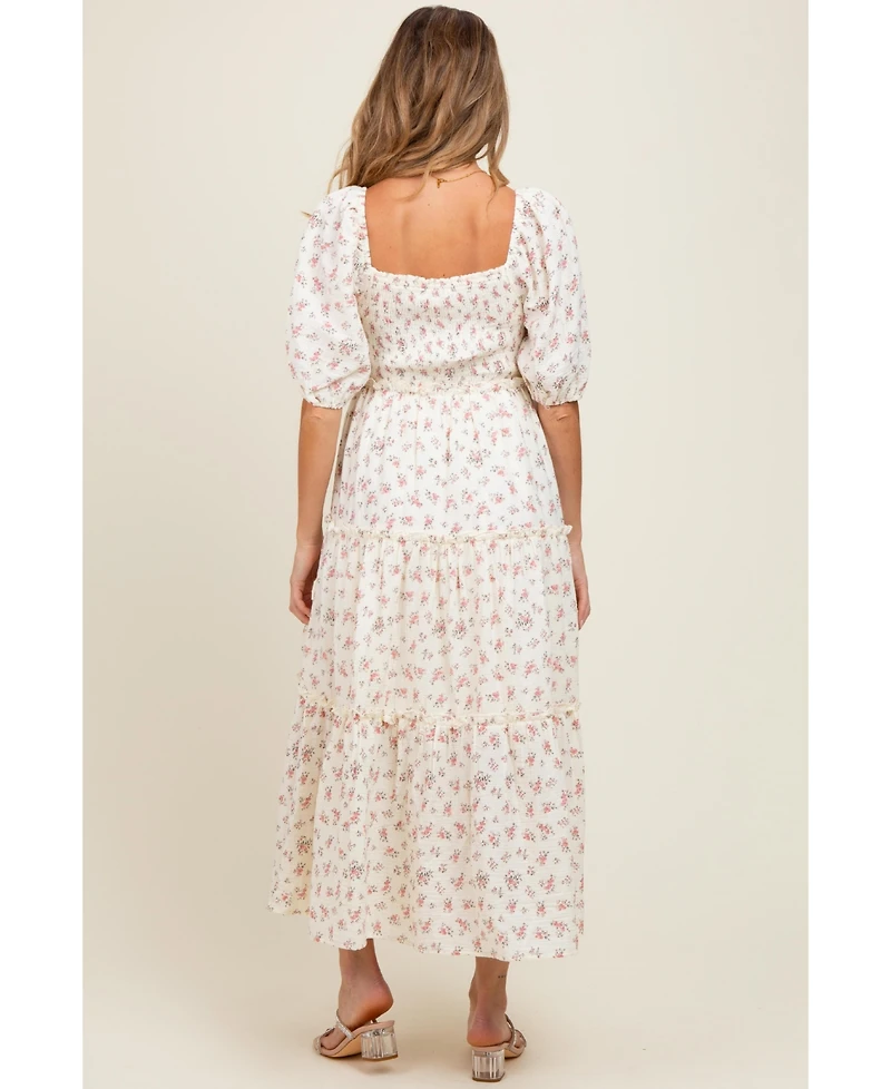 Pinkblush Maternity Blue Floral Smocked Ruffle Tiered Maxi Dress