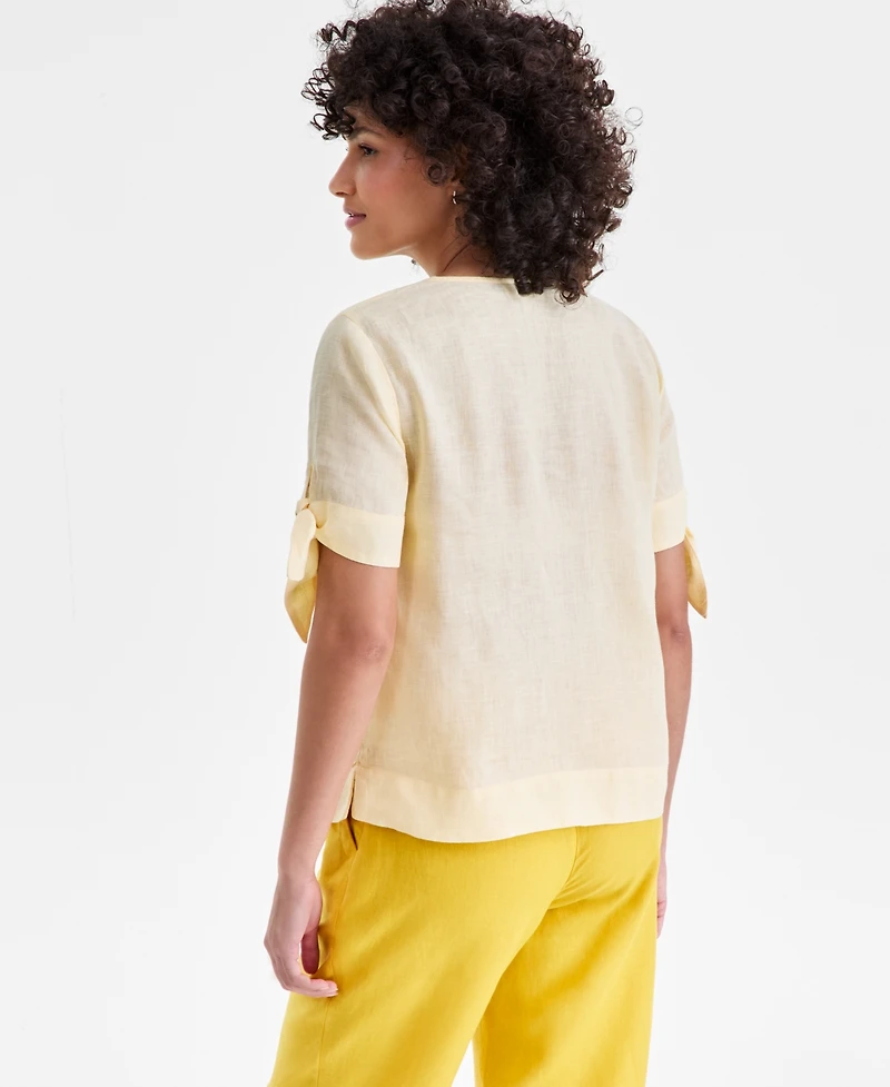 Charter Club Women's 100% Linen Split-Neck Tie-Cuff Top, Created for Macy's