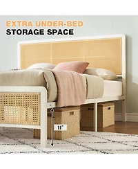 Gaomon Full Rattan Platform Bed Frame with Led Light Headboard, Modern Style Cane Boho Frames Sturdy Steel Slat Support