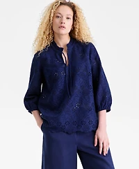 Charter Club Women's 100% Linen Eyelet-Embroidered Blouson-Sleeve Top, Macy's Exclusive