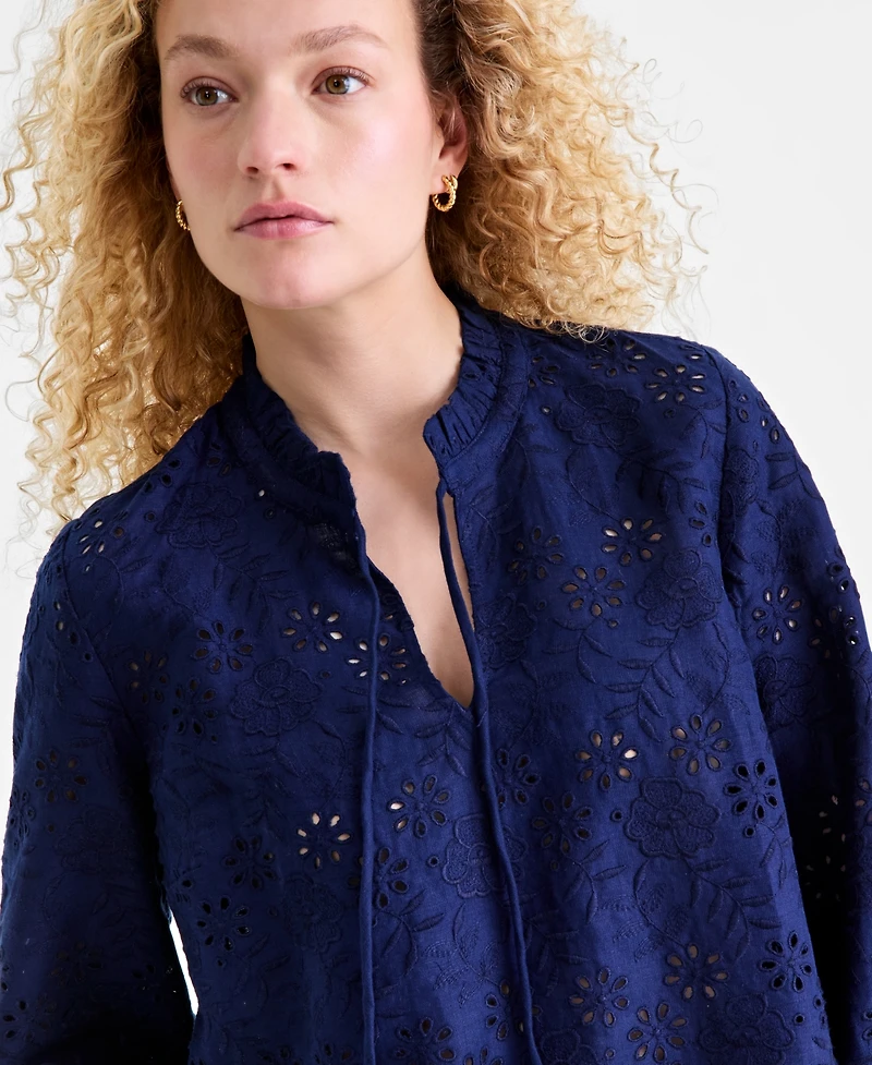 Charter Club Women's 100% Linen Eyelet-Embroidered Blouson-Sleeve Top, Macy's Exclusive