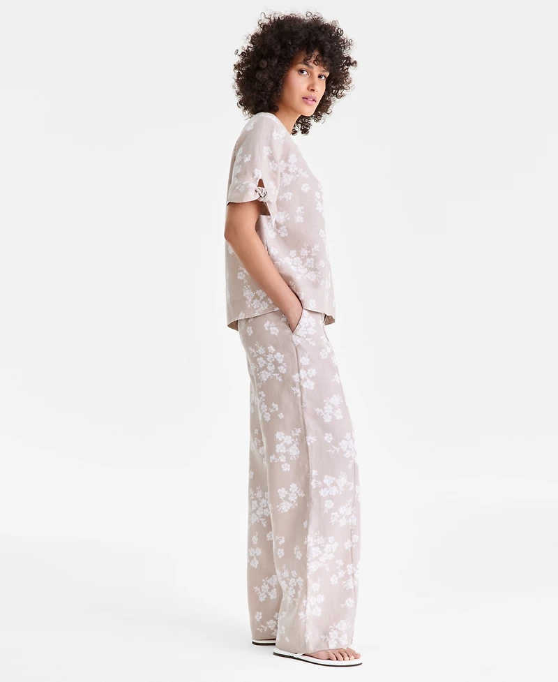Charter Club Women's 100% Linen Woven Pleated Wide-Leg Pants, Created for Macy's