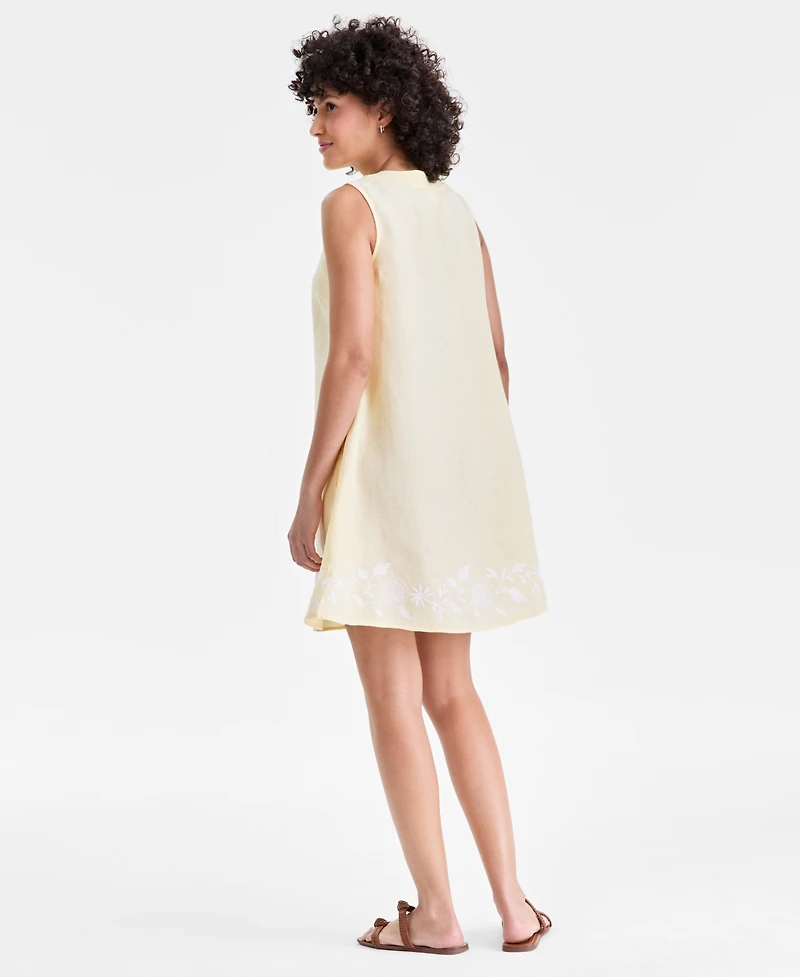 Charter Club Women's 100% Linen Embroidered-Hem Sleeveless Dress, Macy's Exclusive