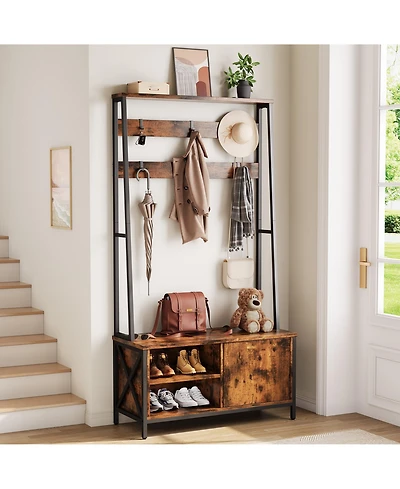 Rainsken Hall Tree with Bench and Shoe Storage, Industrial Style Coat Rack with 6 Hooks, Wood Look for Entryway, Hallway and Living Room