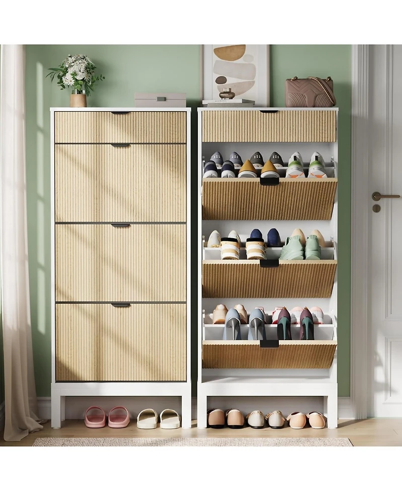 gaomon Entryway Freestanding Shoe Cabinet, 3 Flip Fluted Doors + 1 Drawer Shoe Organizer