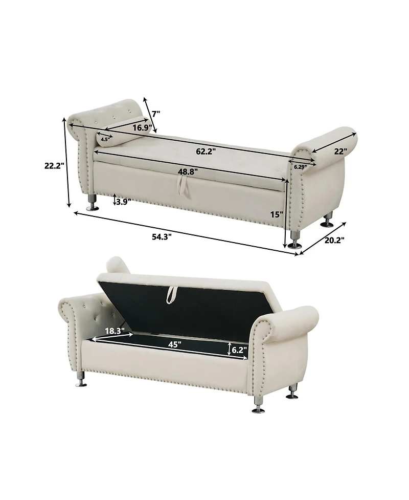 Boyel Living 62.2 Inch Soft Velvet Storage Bench with Crystal Buttons and 1 Pillow, for Bedroom Room