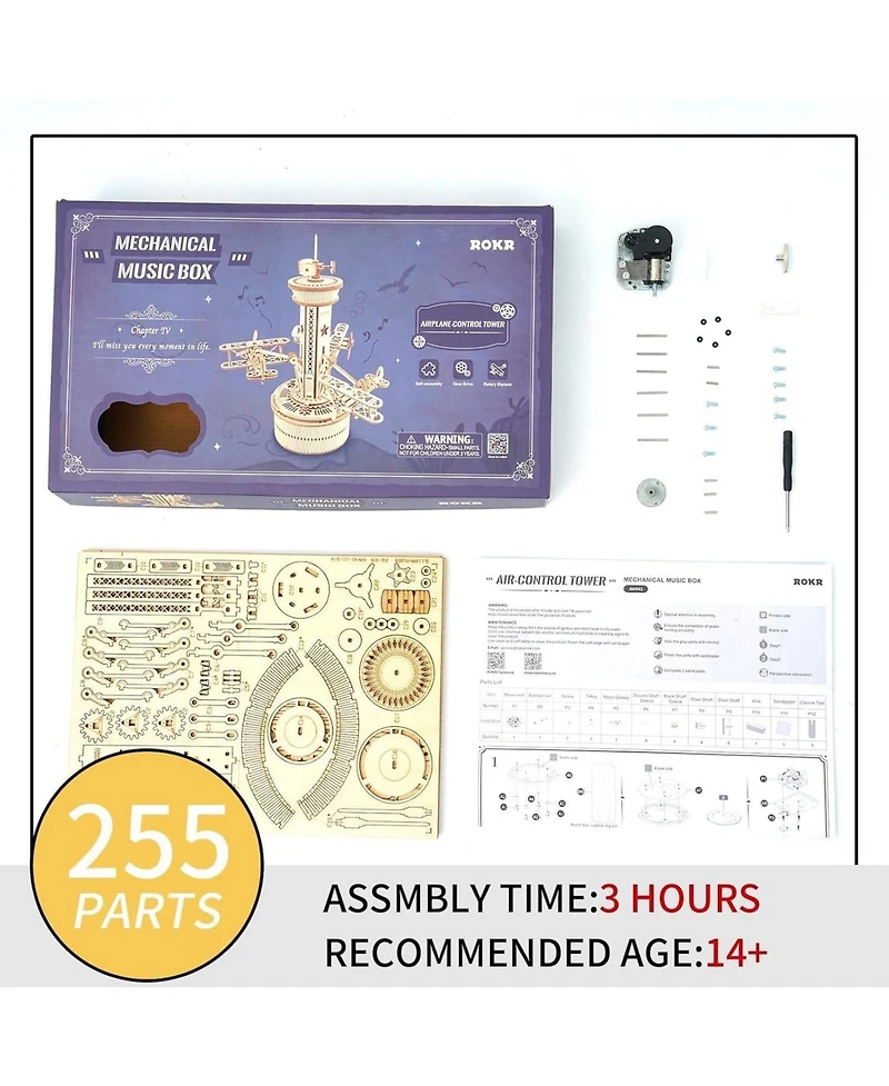 Robotime 3D Wooden Puzzle Mechanical Music Box,Diy Aircraft Model Kits to Build,Best Toy Gift for Teens,Adults on Birthday,Decoration for Room