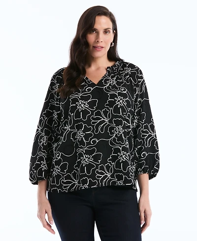 Rafaella Plus Floral Embroidered 3/4-Sleeve Blouse