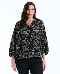 Rafaella Plus Floral Embroidered 3/4-Sleeve Blouse
