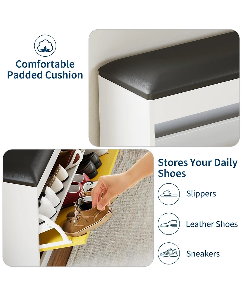 gaomon Modern Entryway Shoe Storage Bench with Flip Drawer, Pu Cushion & Tipping Bucket Organizer