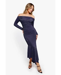 Popilush Women's Shapewear Metallic Knit Long Sleeve Slim Mermaid Maxi Dress