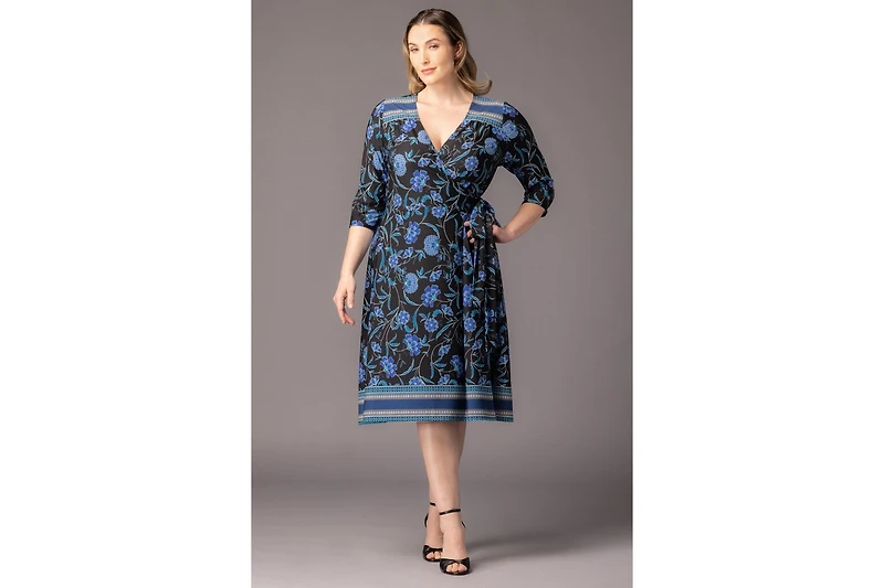 Kiyonna Women's Plus Beguiling Border Print Wrap Dress