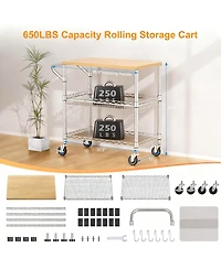 Yigii Kitchen Cart with Wood Top, 8 Hooks, Adjustable Shelves, & 4 Lockable Wheels