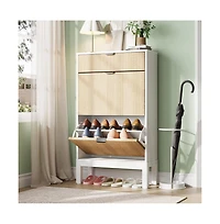 gaomon Farmhouse Shoe Cabinet with 2 Flip Drawers – Slim Fluted Shoe Organizer with Metal Legs for Entryway