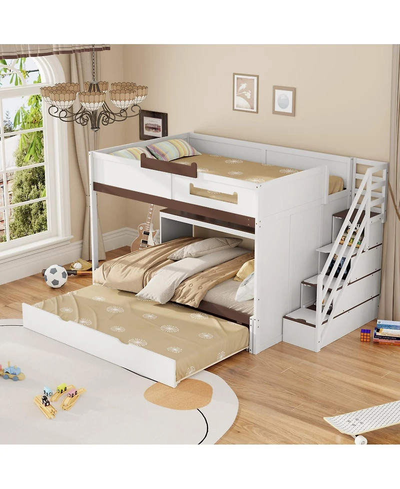 Streamdale Furniture Full Over Full Bunk Bed with Twin Size Trundle and Staircase, Shelves, Led