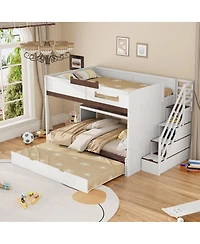 Streamdale Furniture Full Over Full Bunk Bed with Twin Size Trundle and Staircase, Shelves, Led