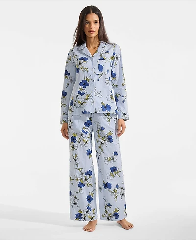 Lands' End Women's Cotton Poplin 2 Piece Pajama Set - Long Sleeve Top and Pants