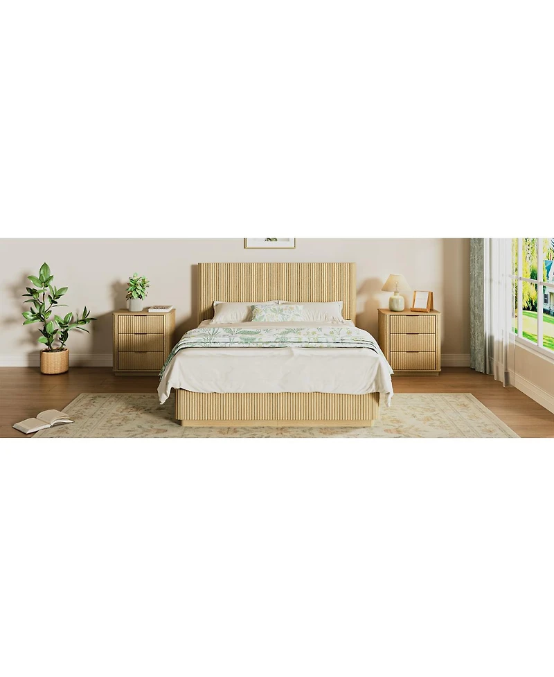 Streamdale Furniture 82 inches Queen Size Bed Frame with Led Lights, Modern Oak Wood Design
