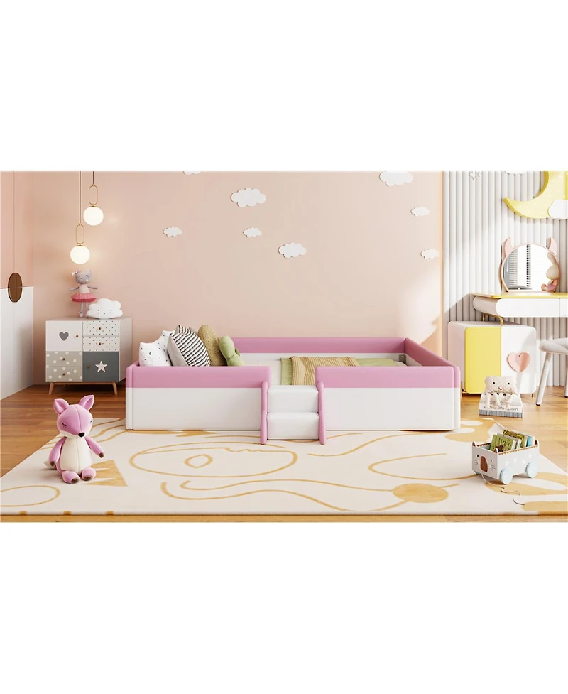 Streamdale Furniture King Size Upholstered Daybed Frame with Fence and Stairs