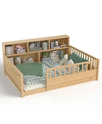Streamdale Furniture Wooden floor bed with fence guardrail & side storage.
