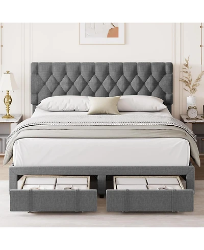 gaomon Bed Frame, Upholstered Platform Frame with Storage Drawers, Mattress Foundation Solid Wooden Slats Support,