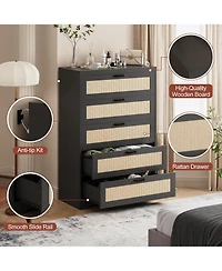 gaomon Tall 5 Drawer Rattan Dresser with Power Outlets, Wood Chest for Bedroom