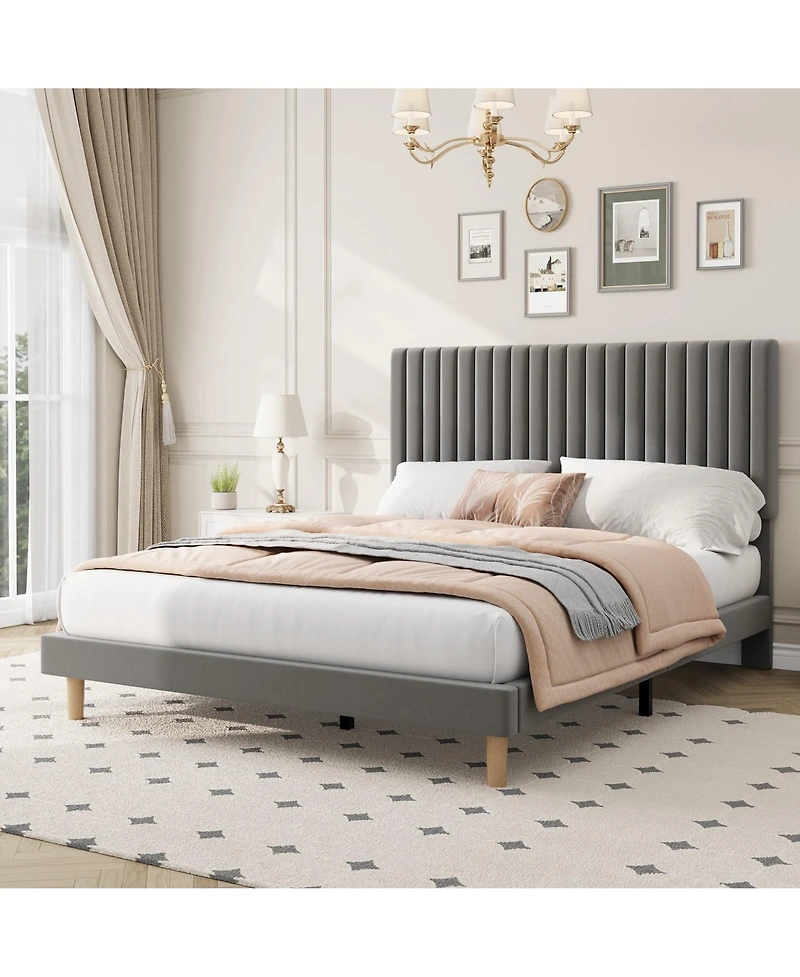 gaomon Upholstered Platform Velvet Bed Frame with Headboard,Strong Wooden Slats Support