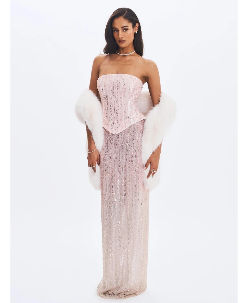 Miss Circle Women's Tosca Pink-to-White Beaded Gradient Strapless Maxi Dress