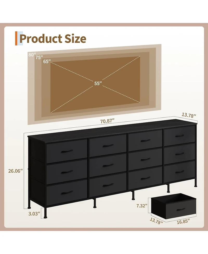 gaomon 70 Inch Dresser for Bedroom, Tv Stand for 65, 75, 80 Inch Tv, 12 Fabric Drawer Long Dresser